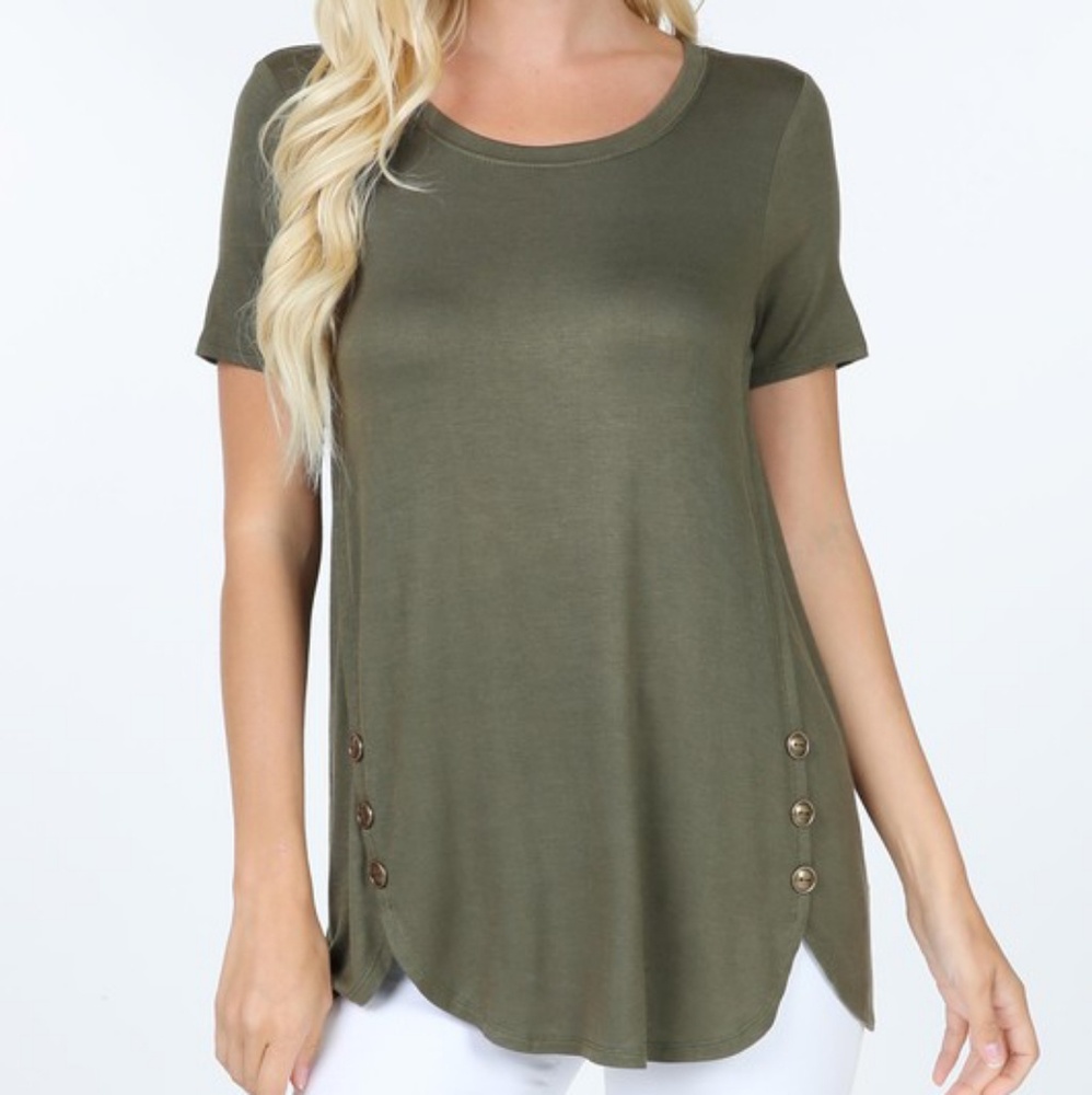 Short Sleeve Button Detail Dolphin Hem Tunic